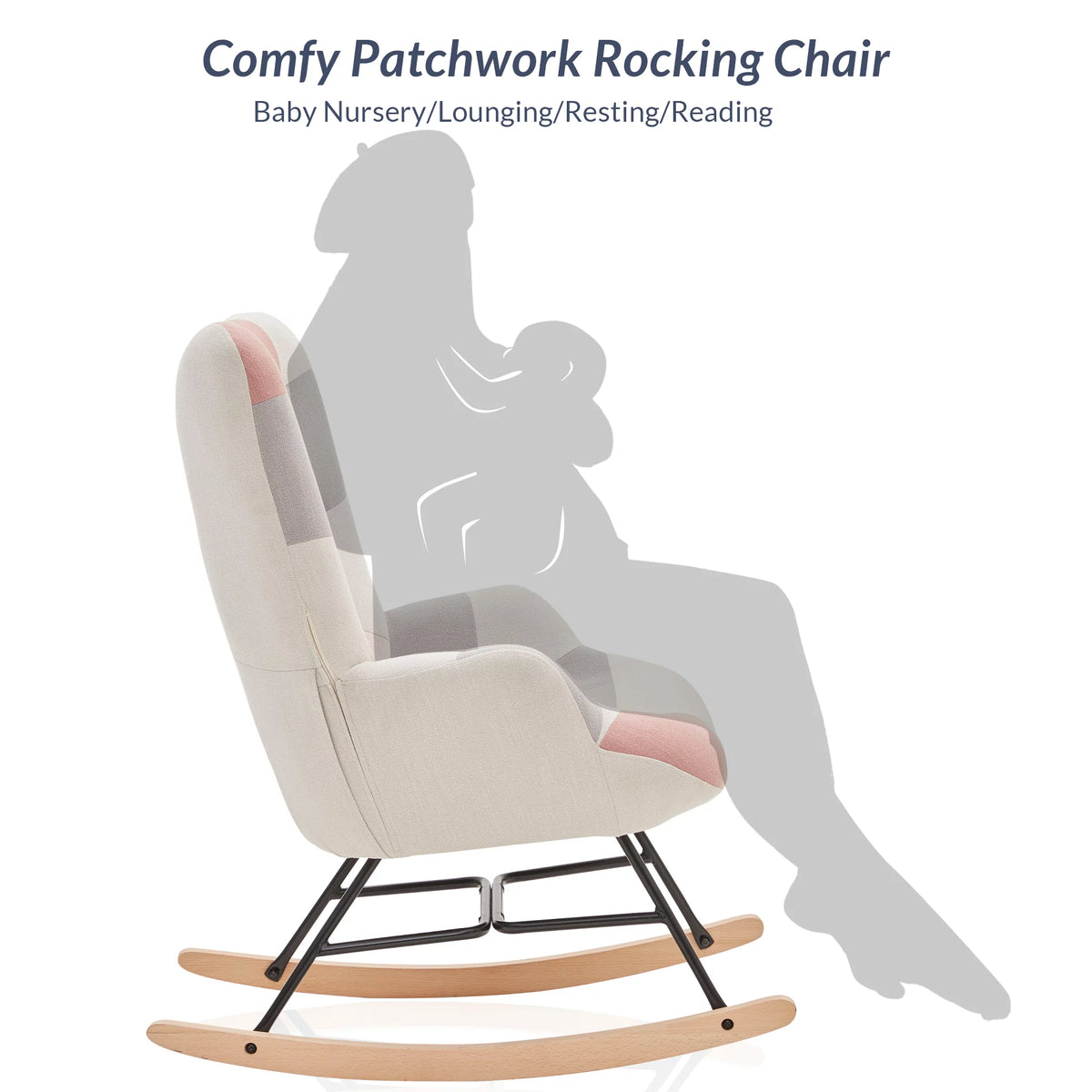 Colorful Patchwork Linen Tufted Rocking Chair with Solid Wood Legs K683