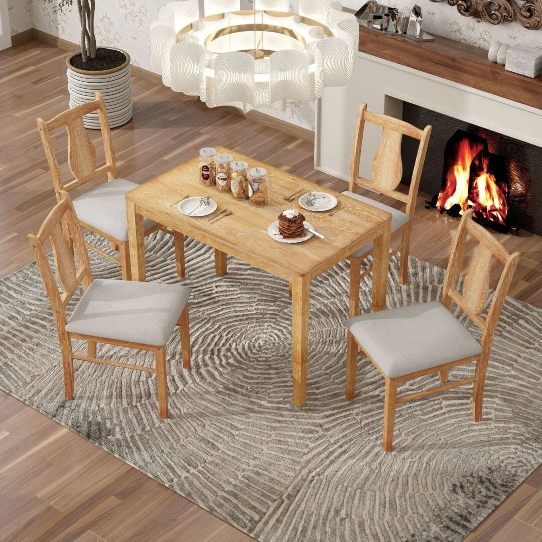 5-Piece Wooden Dining Table Set with 4 Upholstered Chairs D752976