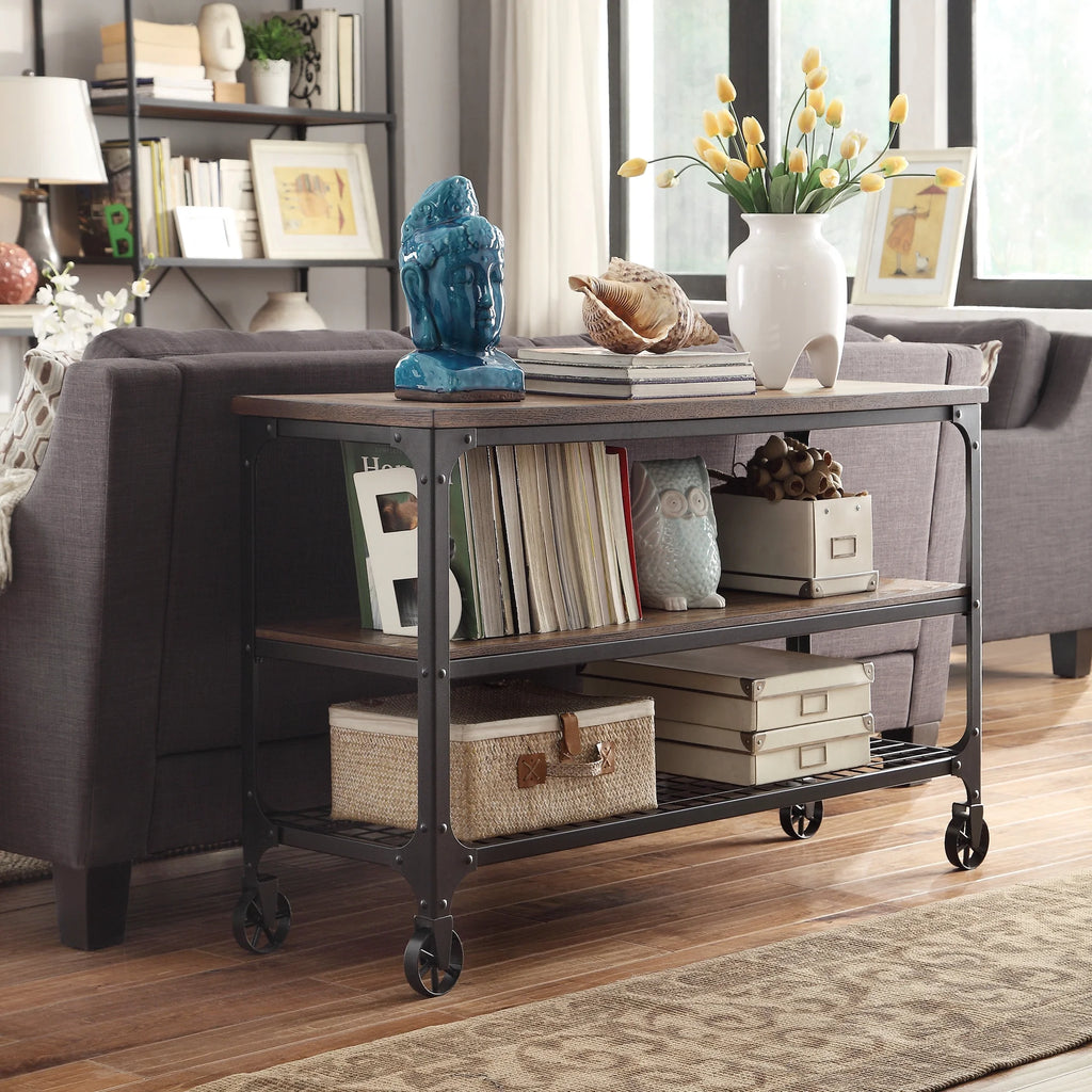 Industrial Wood and Metal Console Table with Wheels K405558