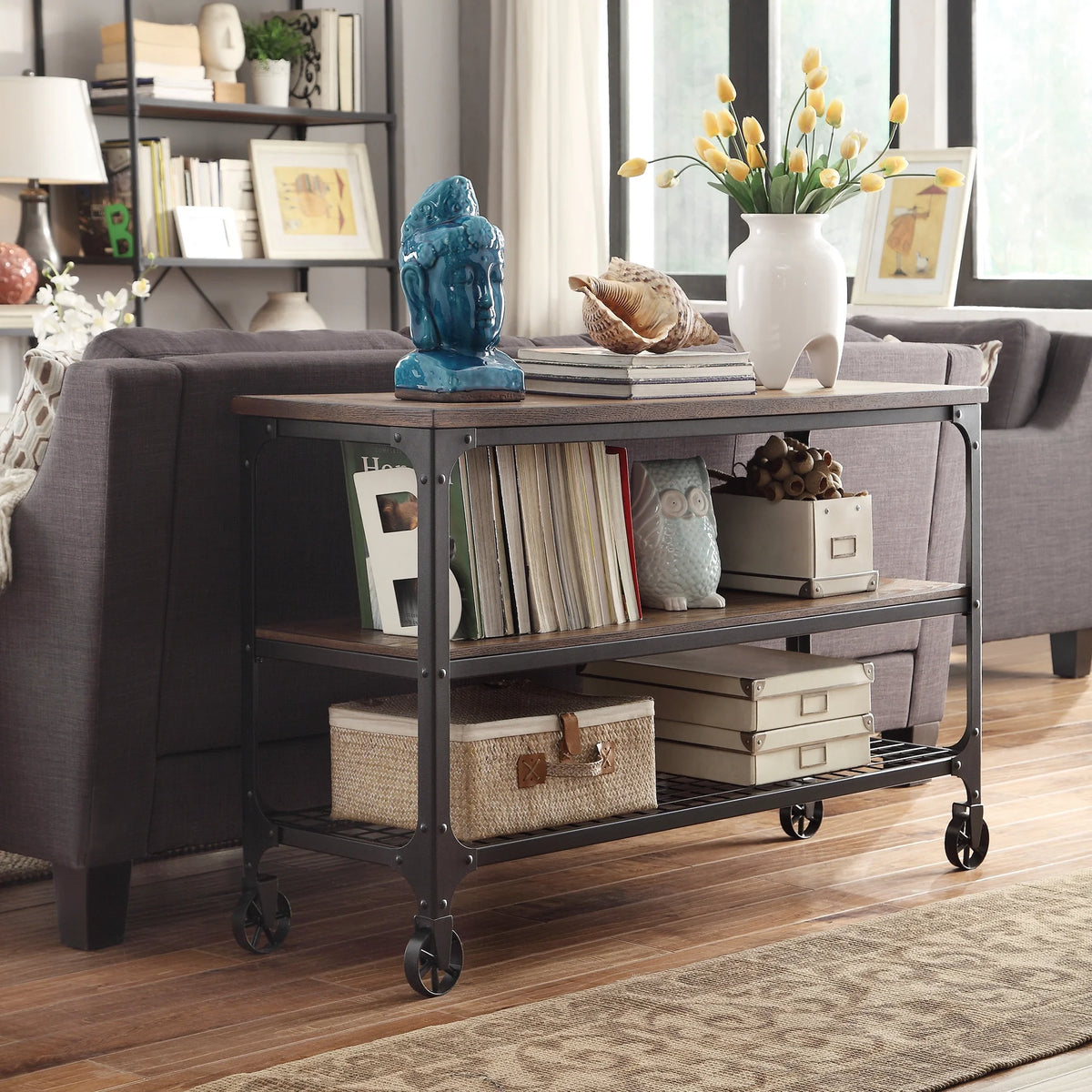 Industrial Wood and Metal Console Table with Wheels K405558