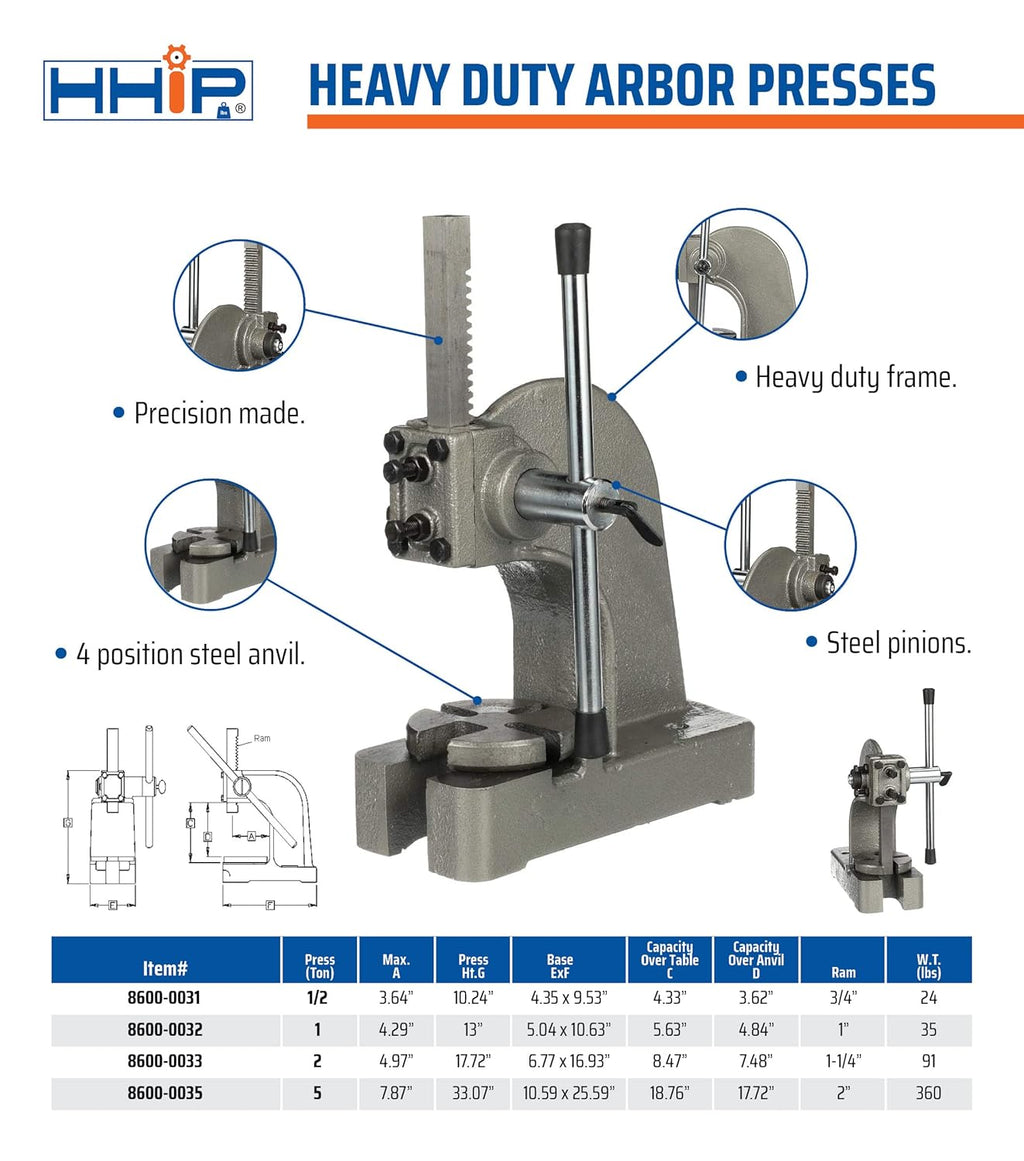 Heavy Duty Arbor Press, 1 Ton Capacity O386327