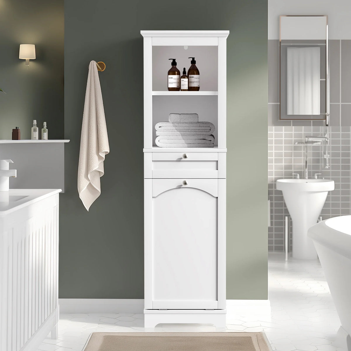 White Tilt Out Laundry Cabinet with Basket C1465