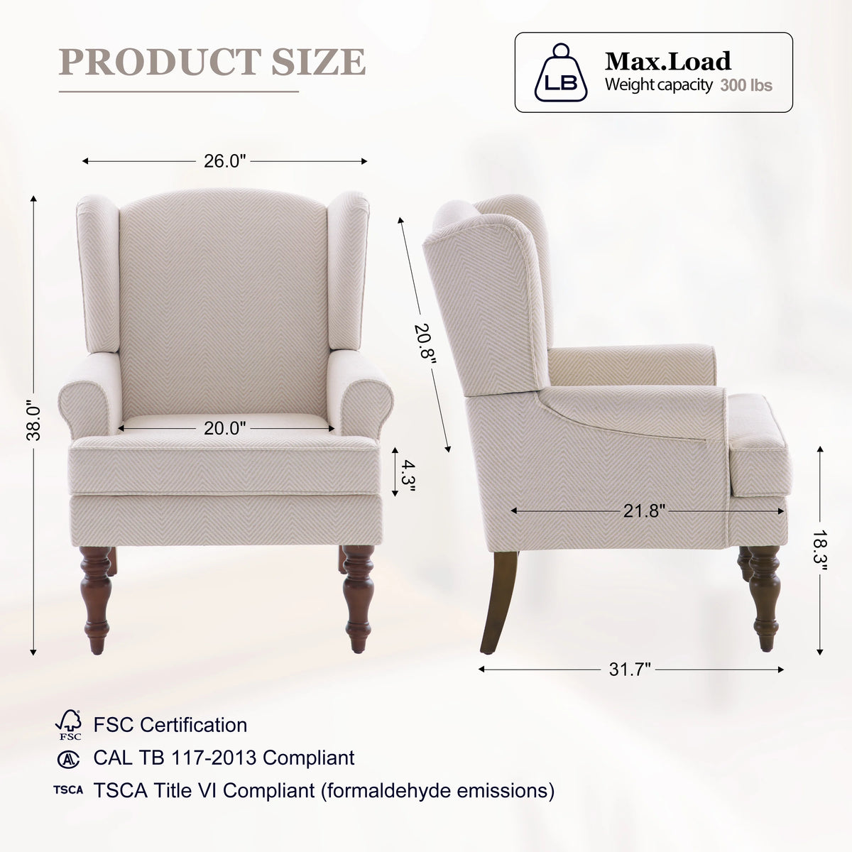 Tan Twill Upholstered Wingback Accent Chair with Solid Wood Legs I8951