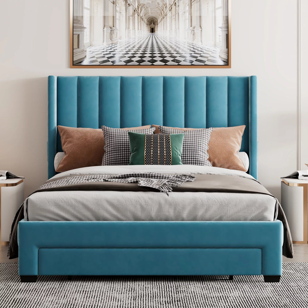 Queen Size Velvet Upholstered Platform Bed with Storage and Headboard A450437