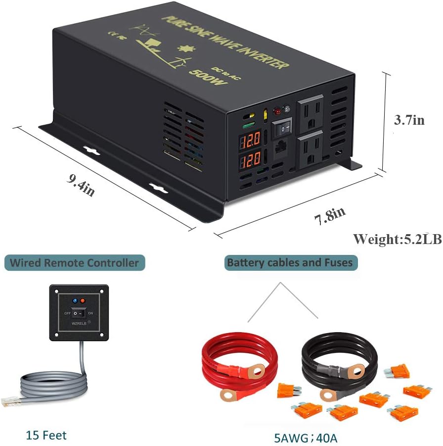 Pure Sine Wave 500W Power Inverter 12V to 110V AC Converter with Remote Controller T41201