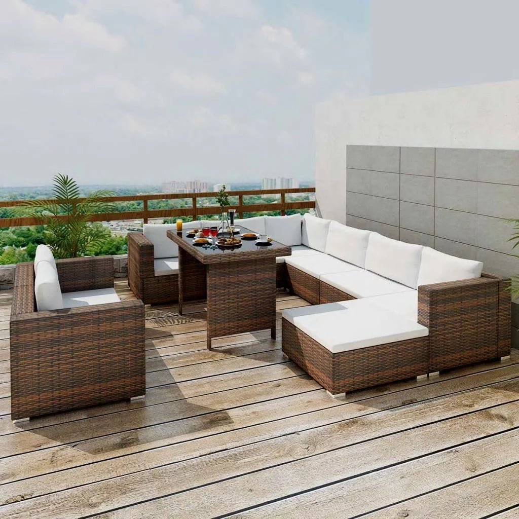 10 Piece Brown Poly Rattan Patio Sofa Set with Cushions I40187