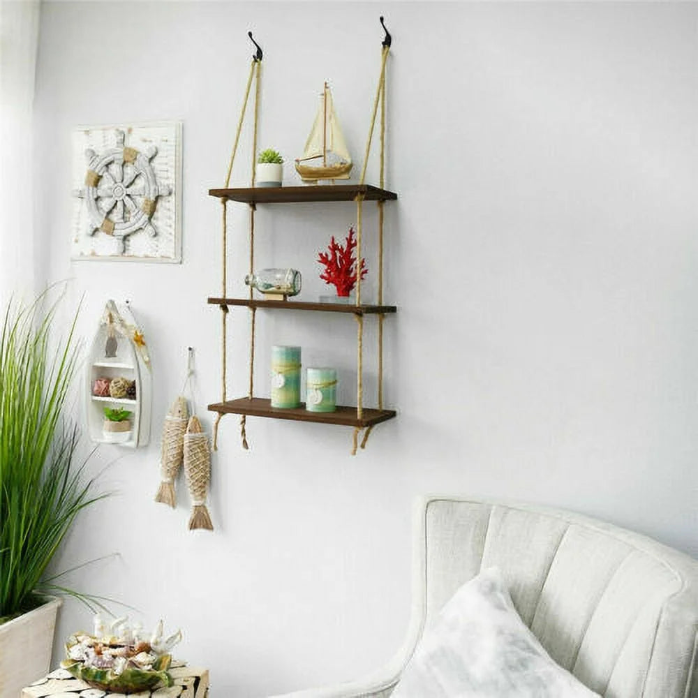 Rustic Wooden 3 Tiers Wall Hanging Rope Shelf Y340532