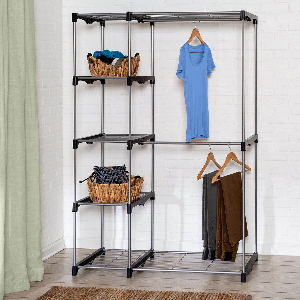 Steel and Plastic Double Rod Freestanding Closet with 4 Shelves E7690