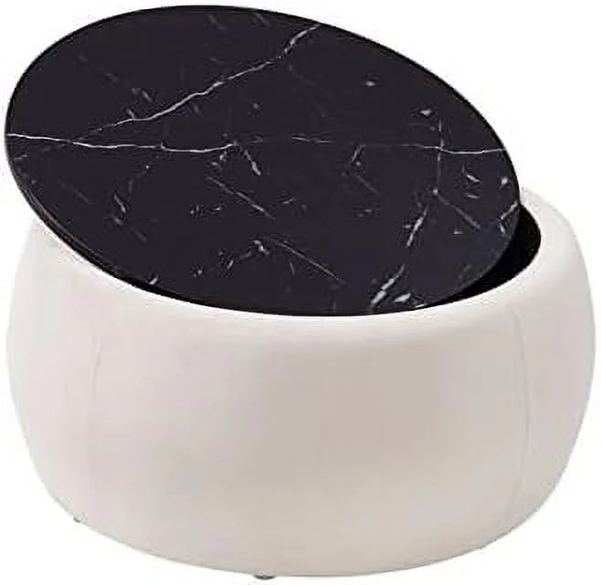 Round Ottoman Coffee Table with Wooden Lid Faux Marble Texture Top C22085