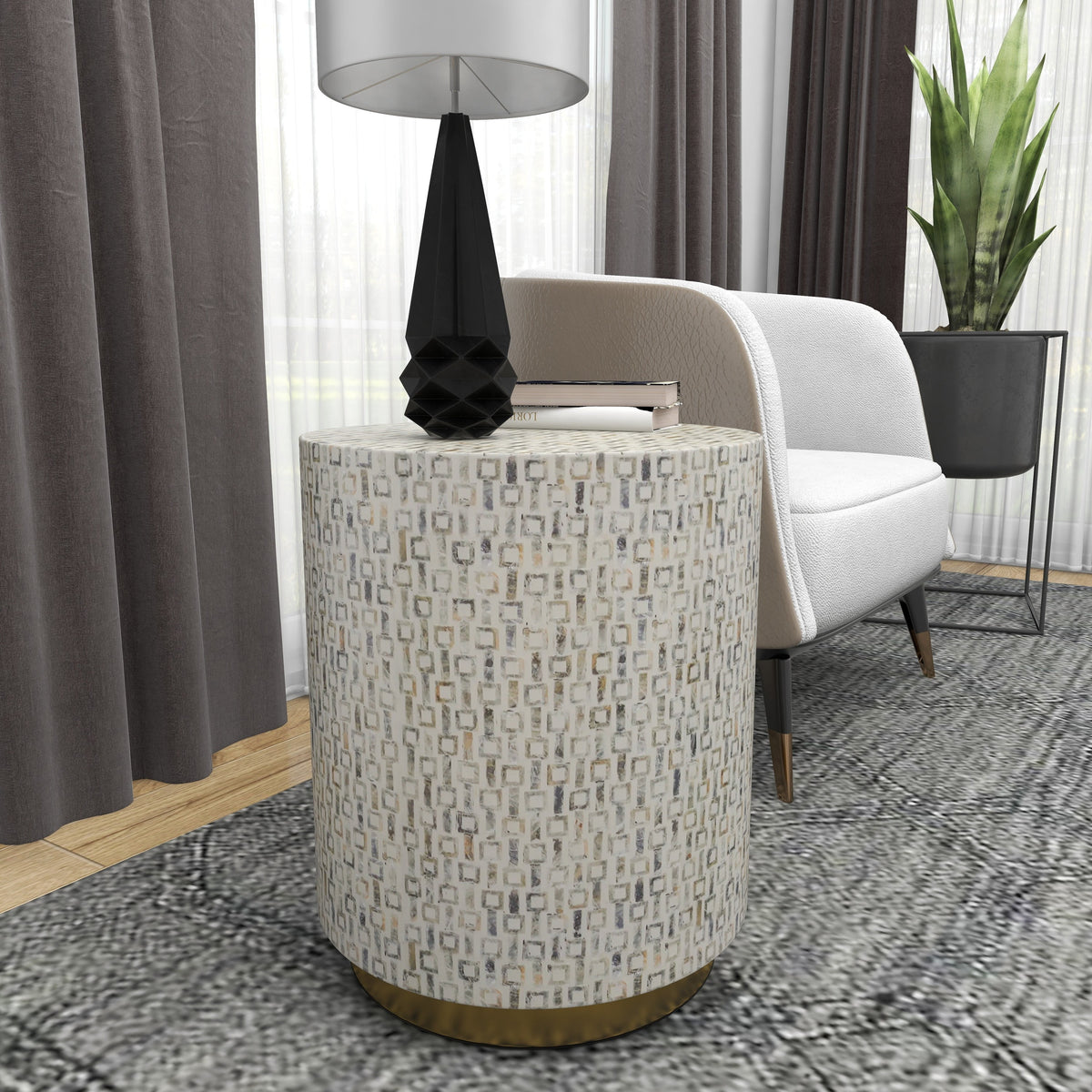 18" x 22" White Mother of Pearl Accent Table with Gold Base T96003