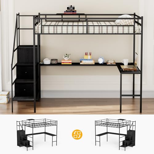 Black Full Size Loft Bed with L-Shaped Desk and Stairs H314556