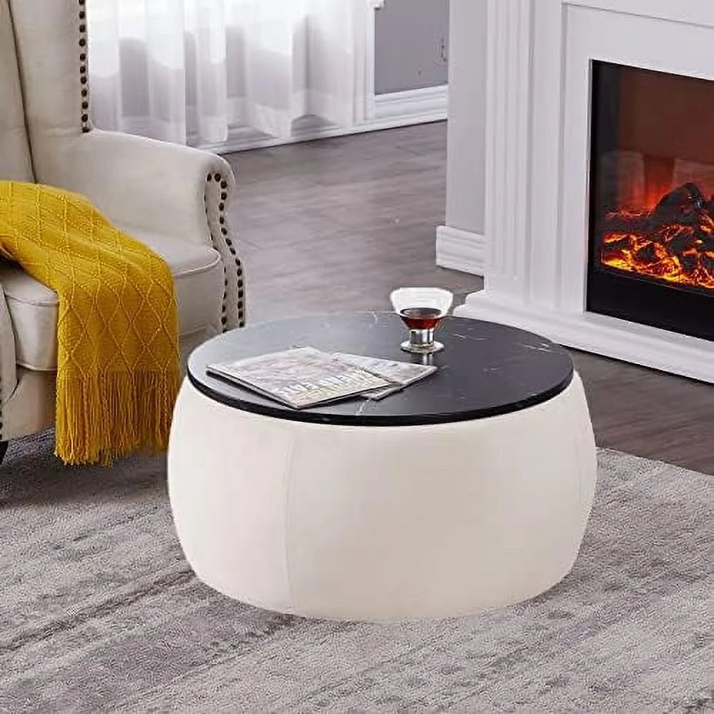 Round Ottoman Coffee Table with Wooden Lid Faux Marble Texture Top C22085