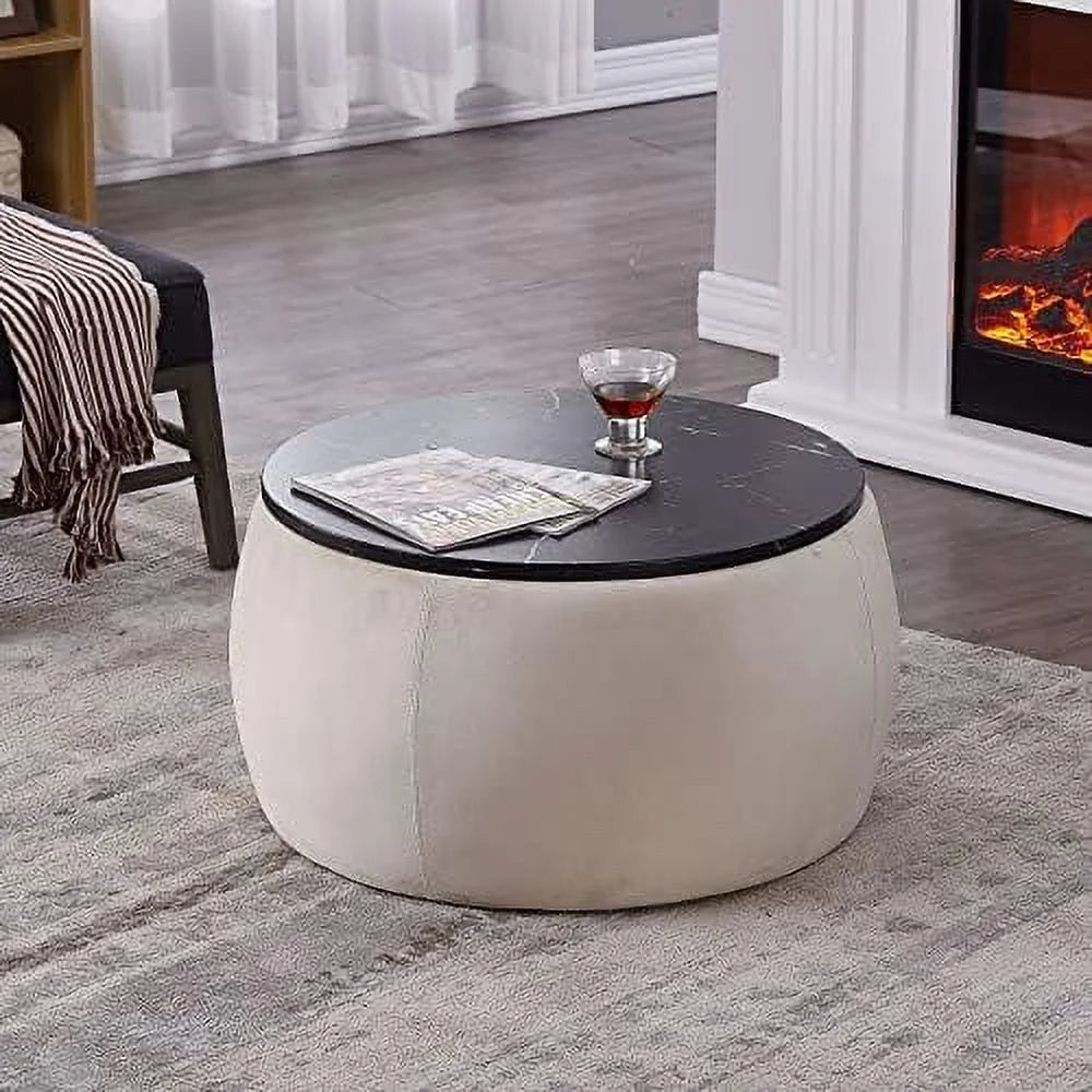 Round Ottoman Coffee Table with Wooden Lid Faux Marble Texture Top C22085