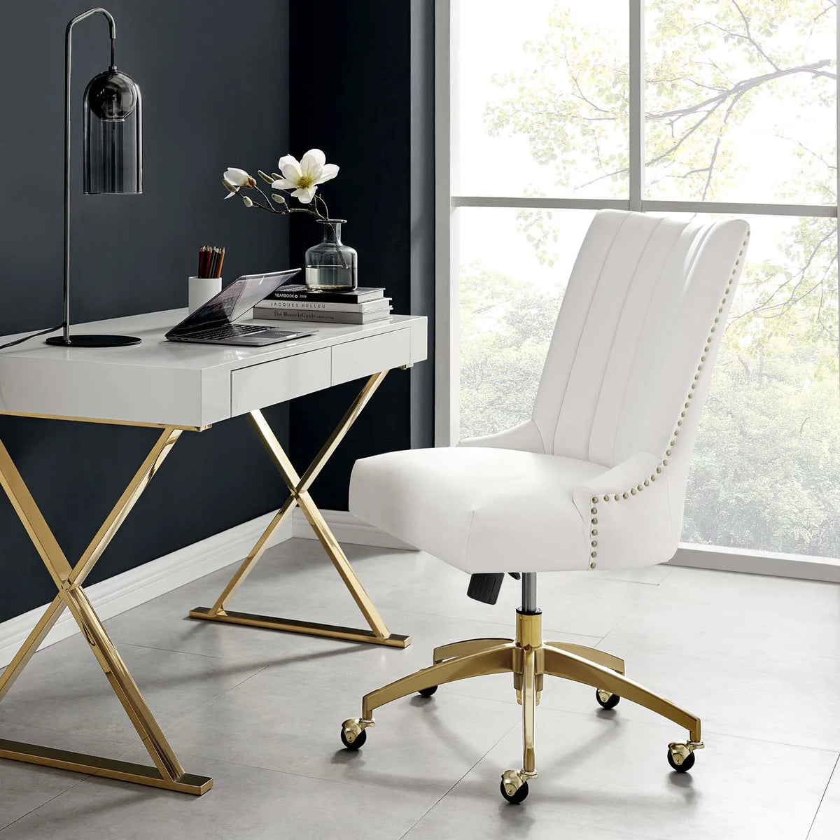 White Gold Channel Tufted Velvet Office Chair Z109929