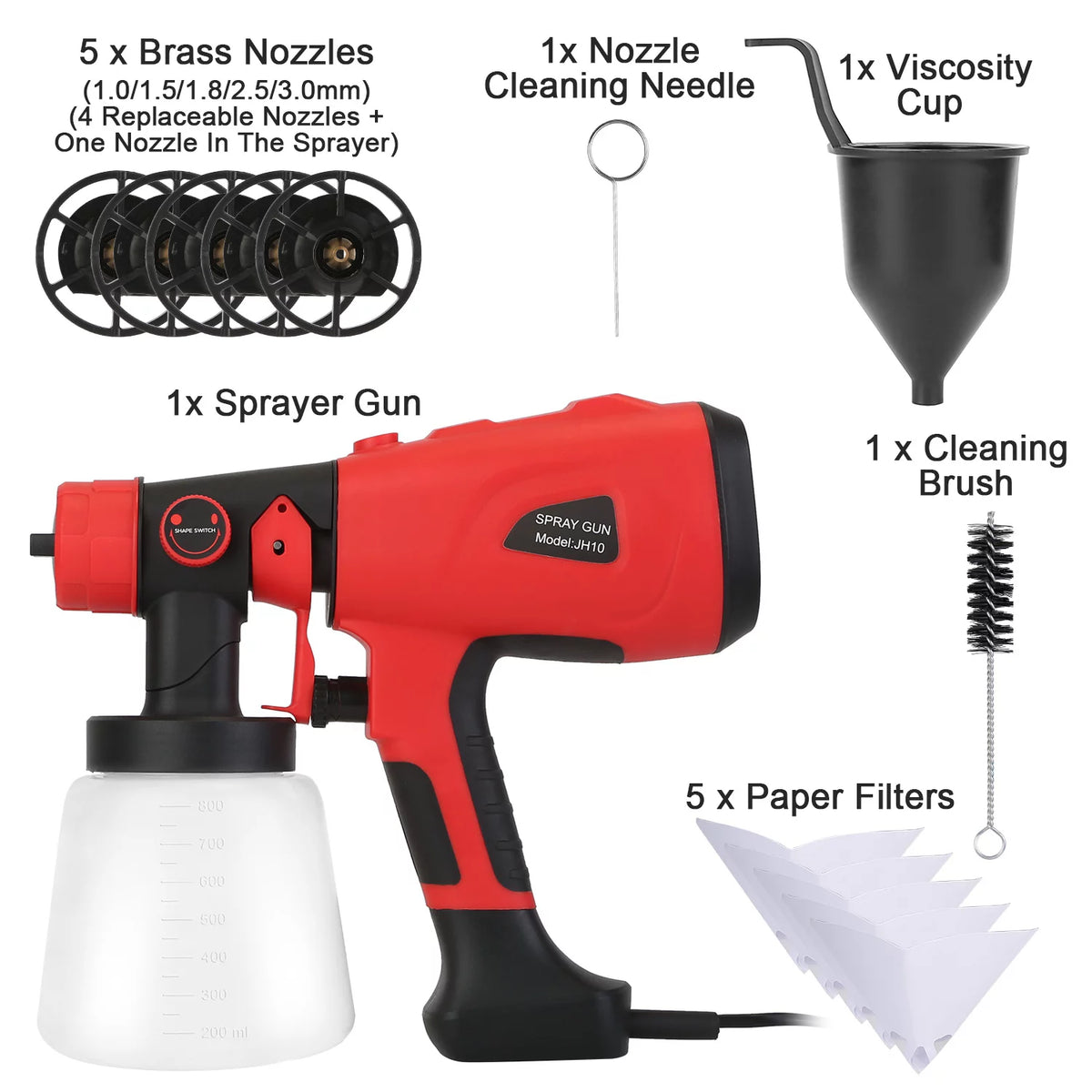 Electric Paint Sprayer with 3 Spray Patterns 5 Nozzles 800ML Detachable Cup F9232