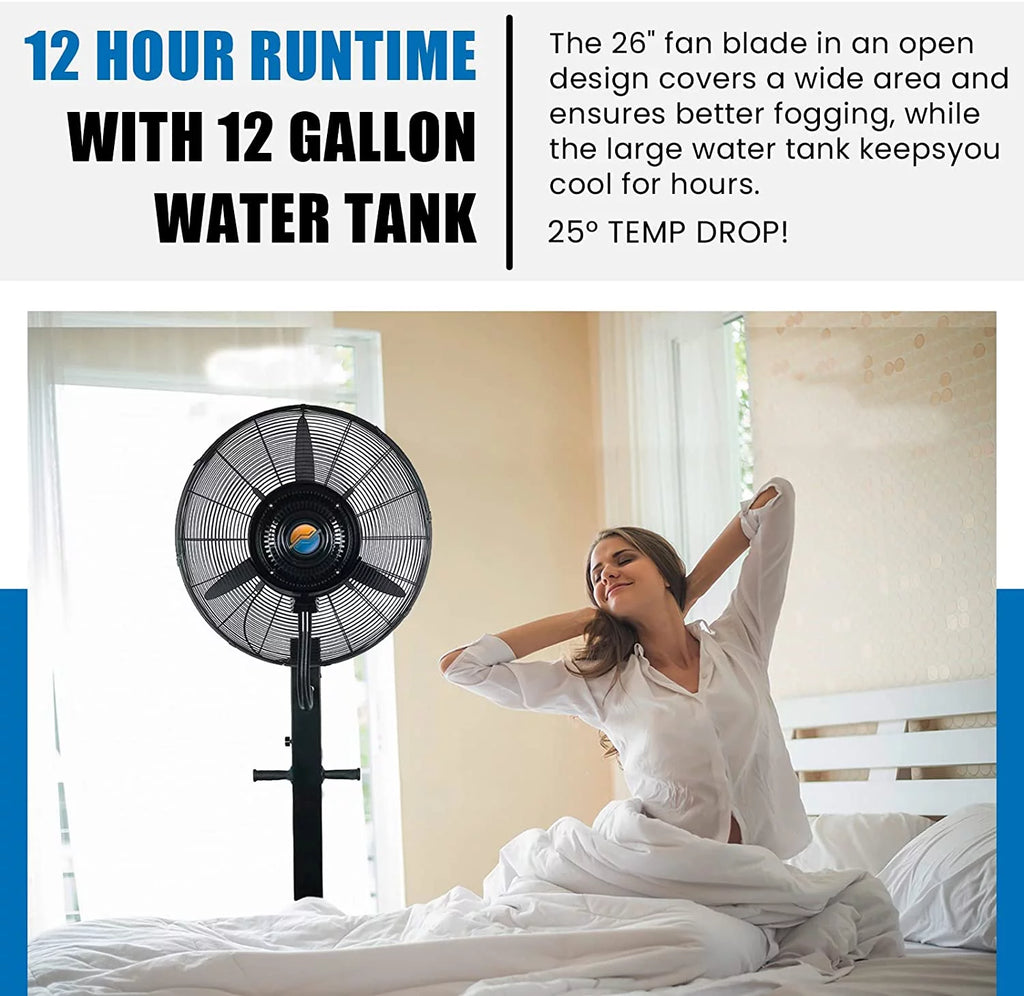 Oscillating Misting Pedestal Fan, 3 Cooling Speeds, 12 Gallon Tank, 26 inch, Black H534486
