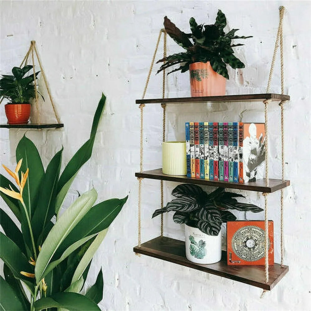 Rustic Wooden 3 Tiers Wall Hanging Rope Shelf Y340532