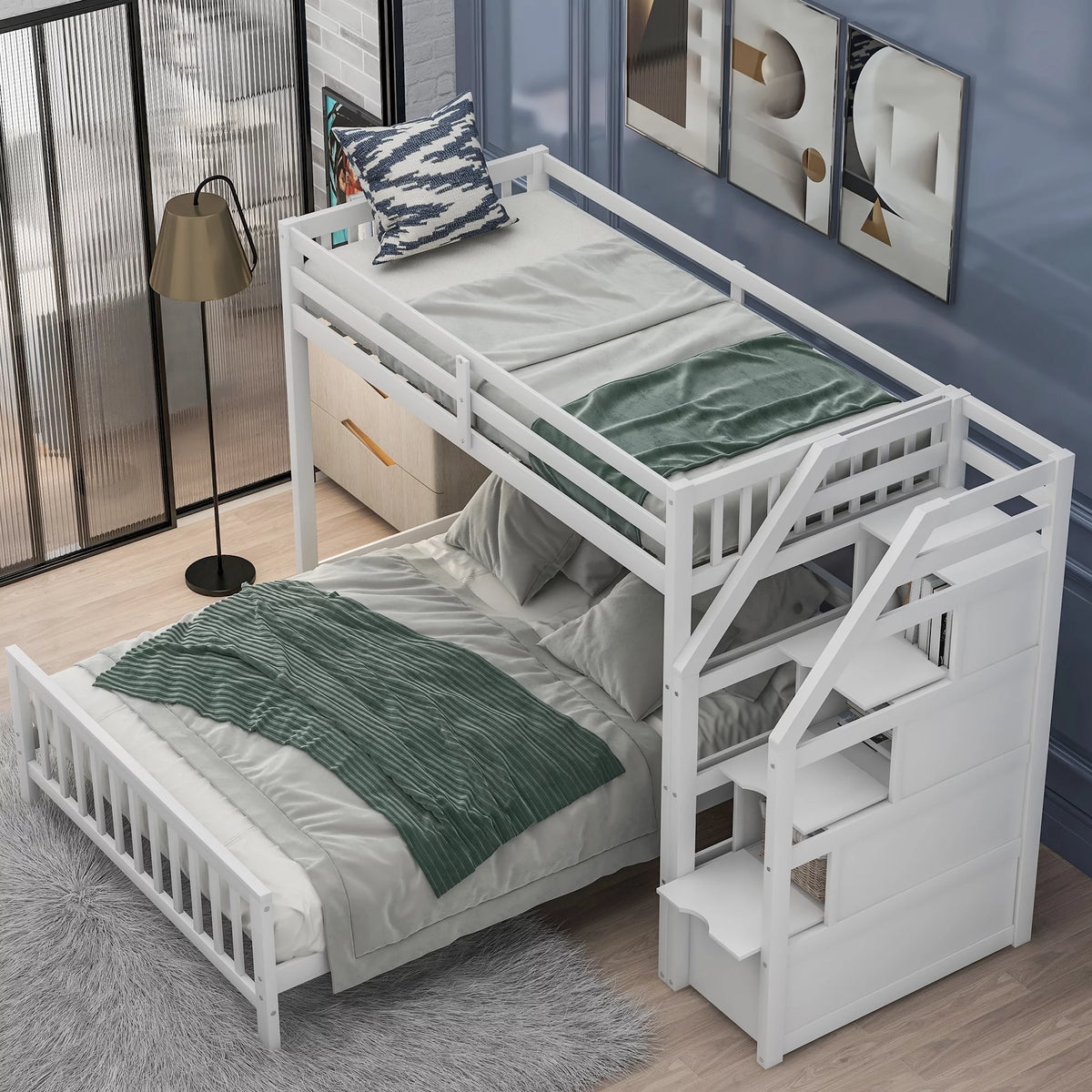 Wood Twin Loft Bed with Full Platform Bed and Drawers C75897