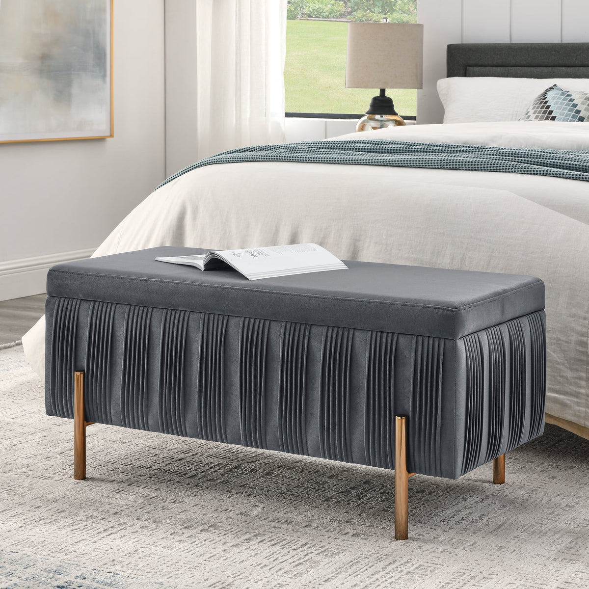Grey Velvet Upholstered Storage Bench X289041