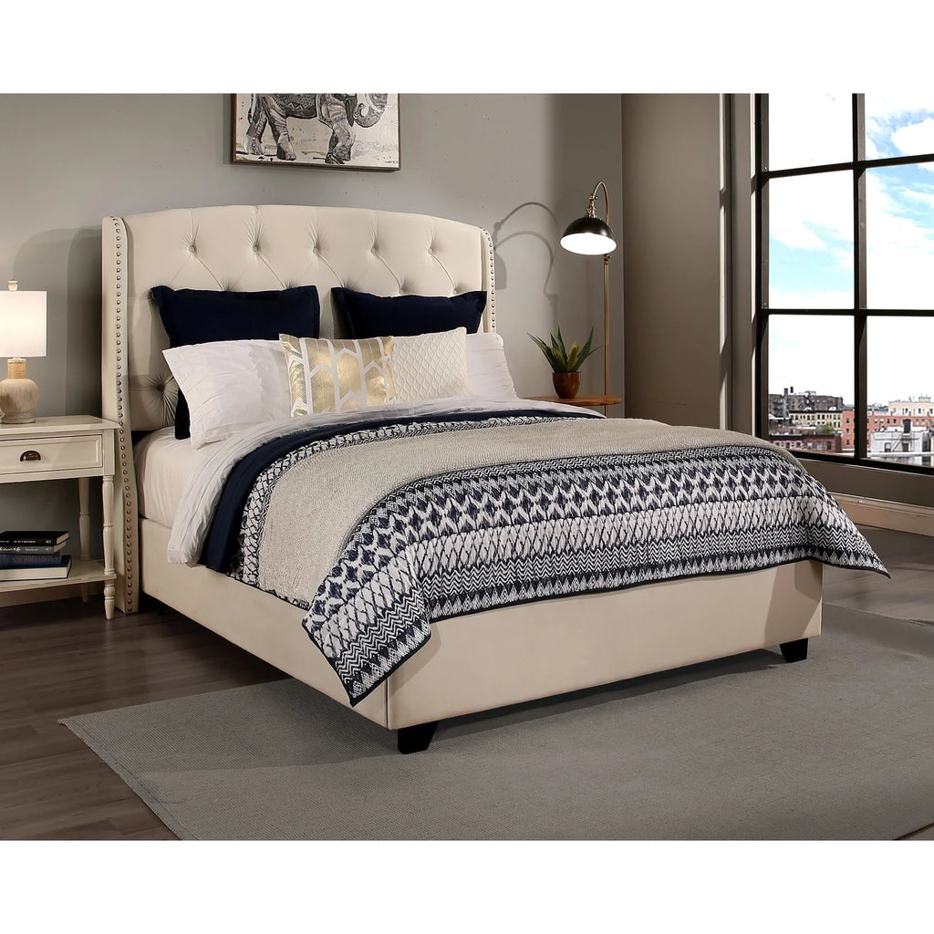 Upholstered King Bed with Nailhead Trim Off White Ivory Fabric W50759