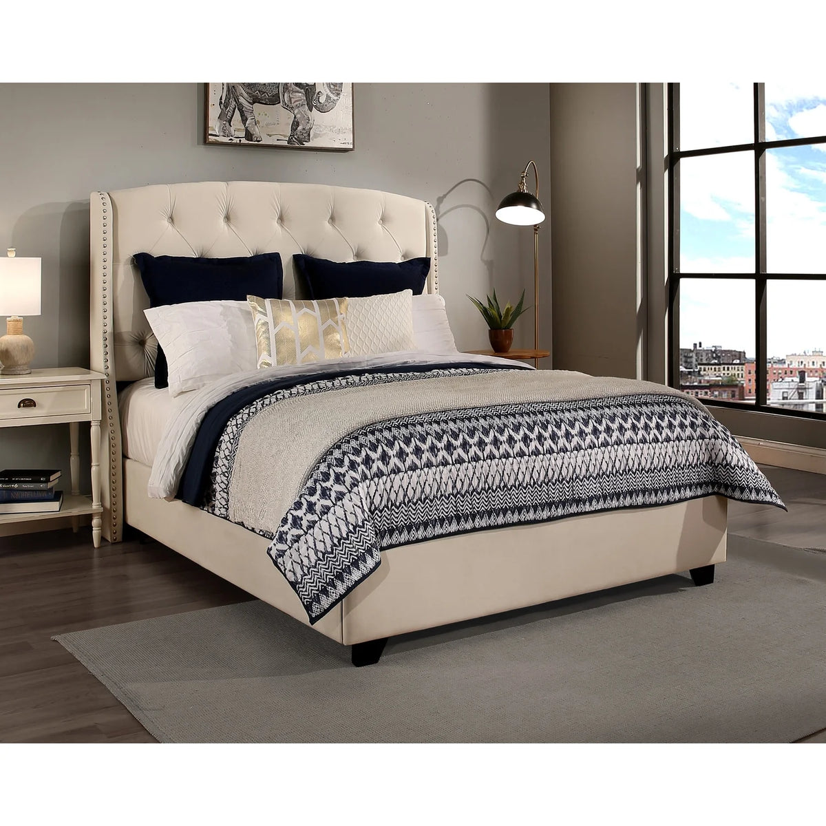 Upholstered King Bed with Nailhead Trim Off White Ivory Fabric W50759