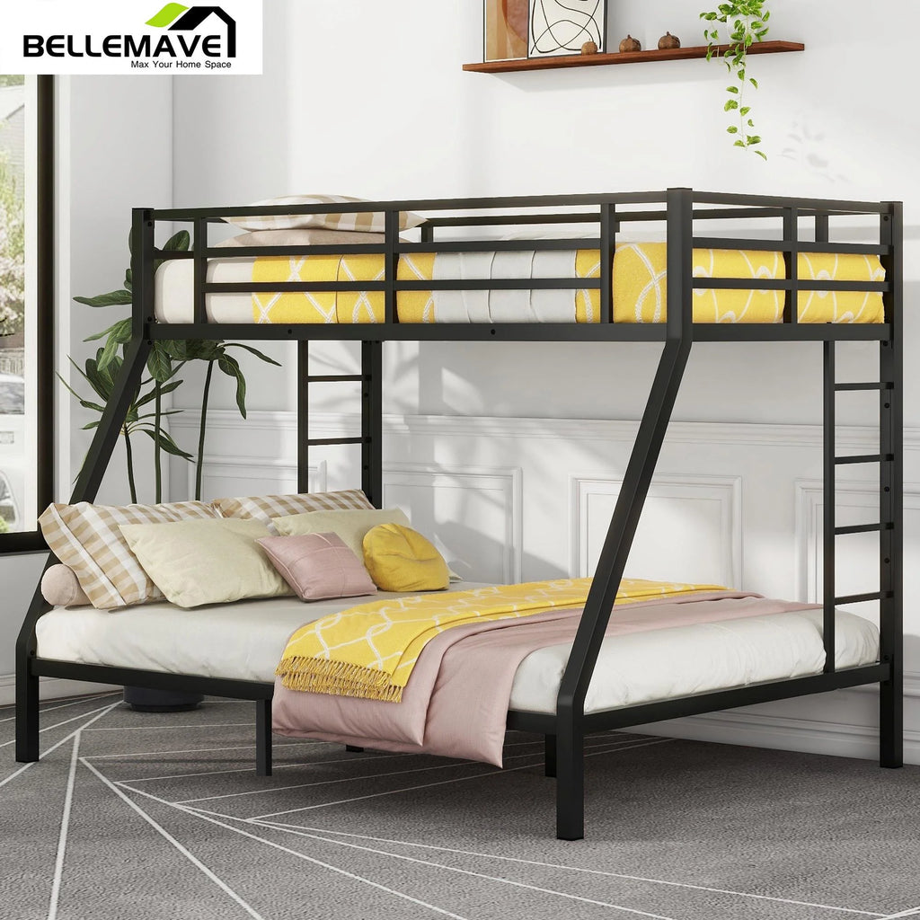 Black Twin XL over Queen Metal Bunk Bed with Ladder and Guardrails Y317