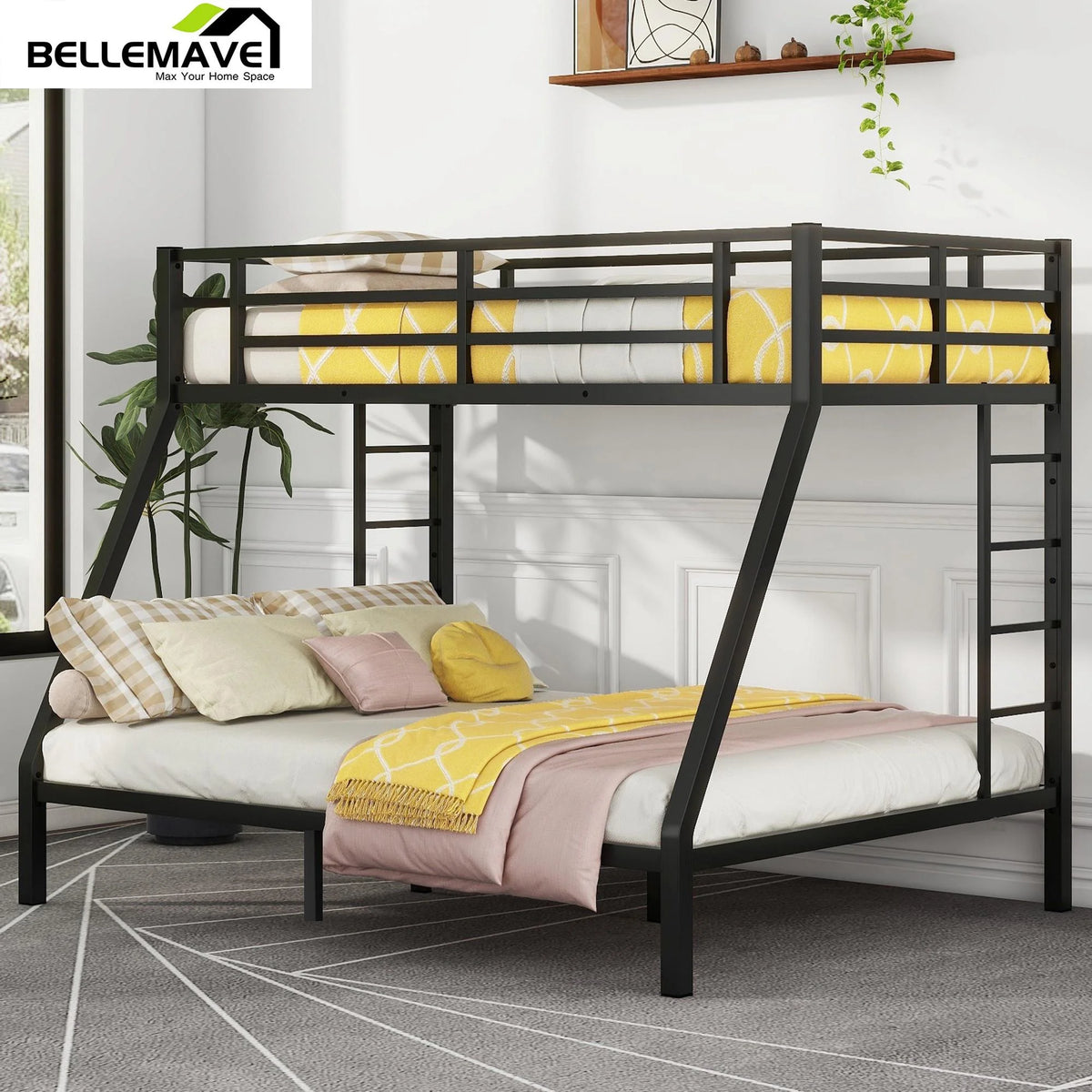Black Twin XL over Queen Metal Bunk Bed with Ladder and Guardrails Y317