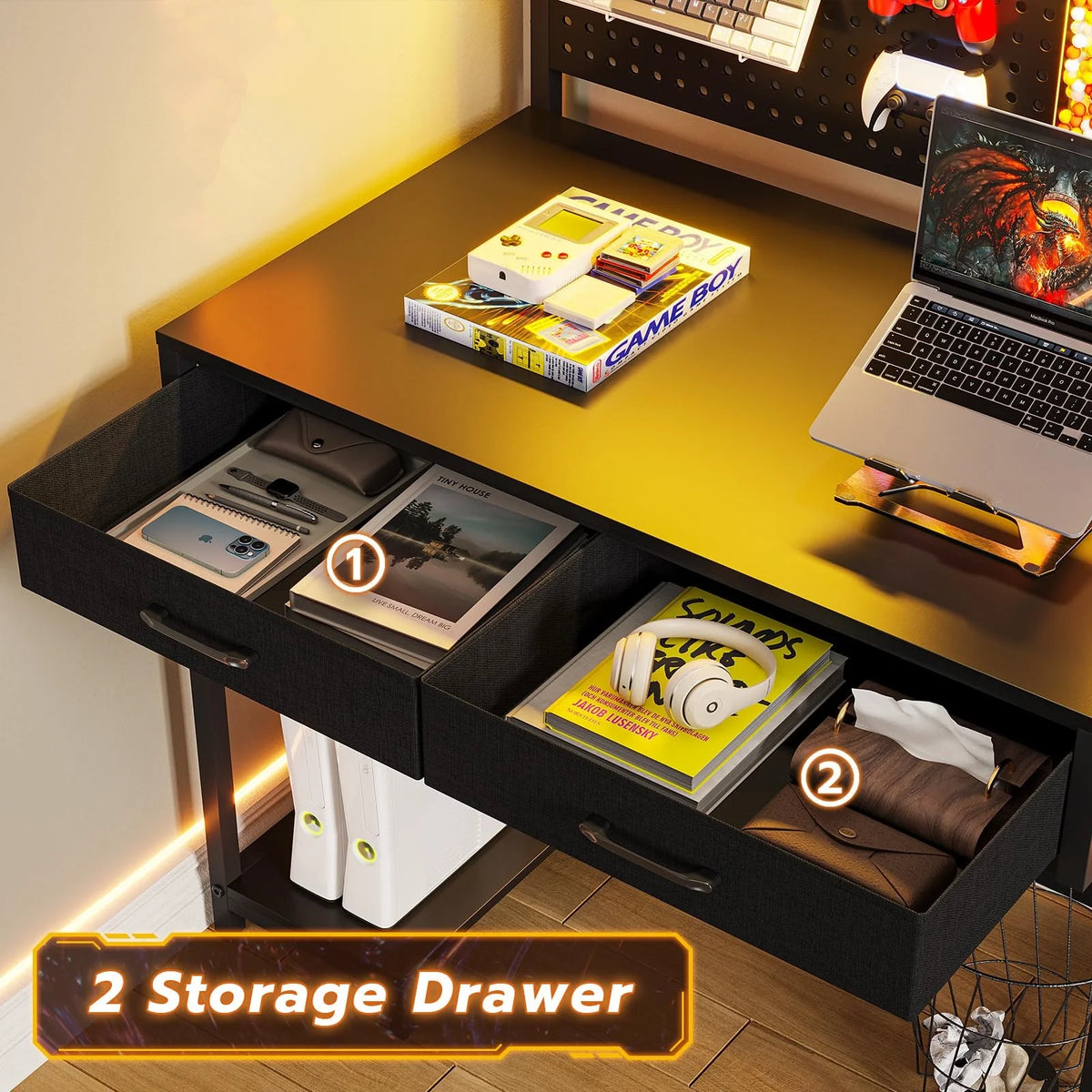 Black L Shaped Desk with LED Lights and Storage Shelves P573