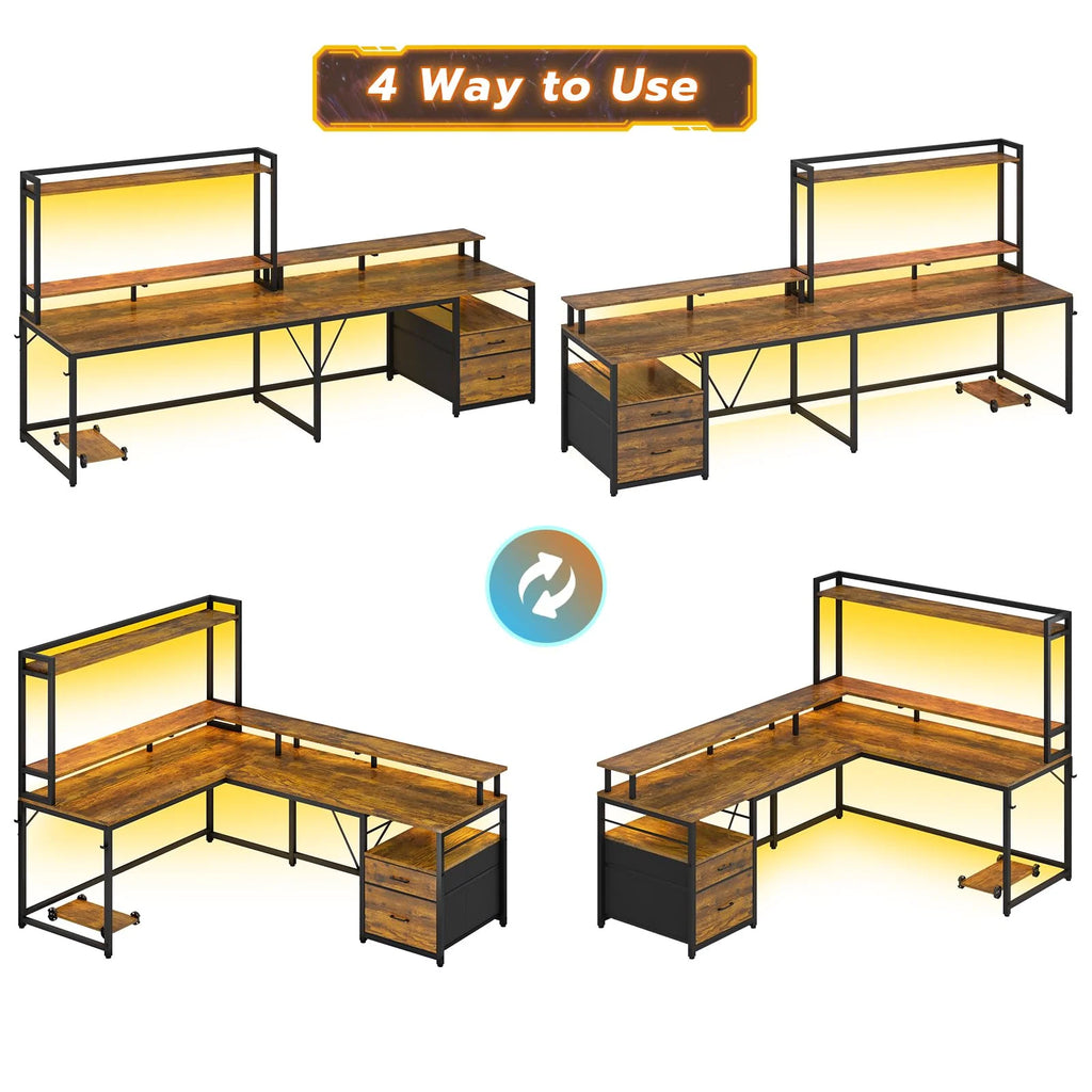 L Shaped Desk with LED Light and File Drawer Q898597