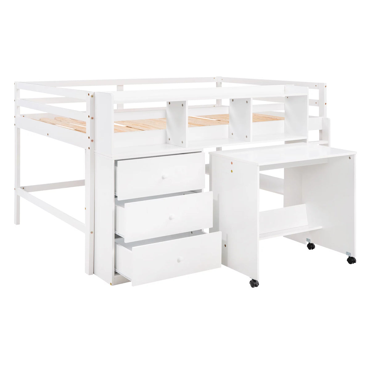 White Wood Full Size Low Loft Bed Frame with 3 Storage Drawers V442121