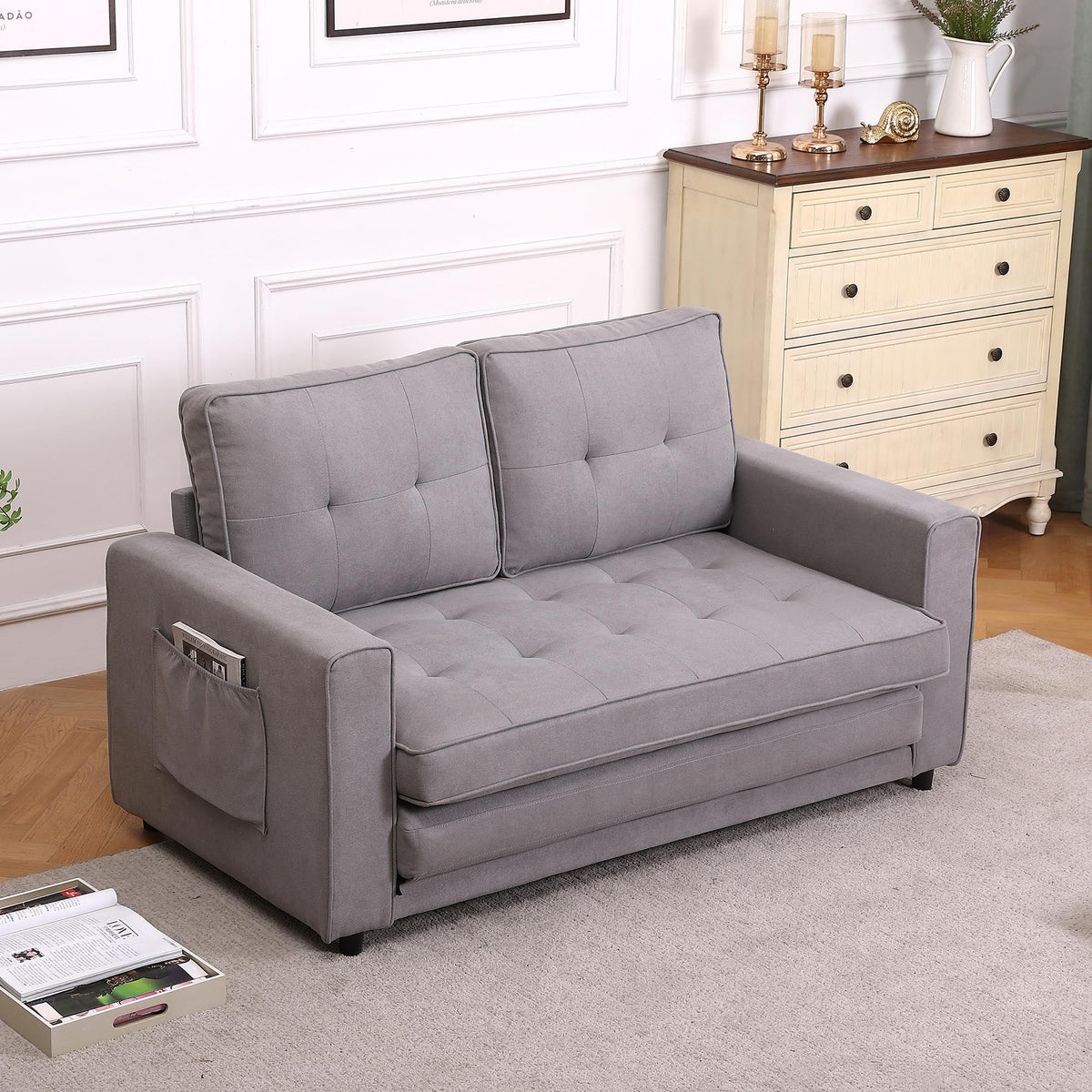 Upholstered Convertible Futon Sofa Bed with Side Pockets B829