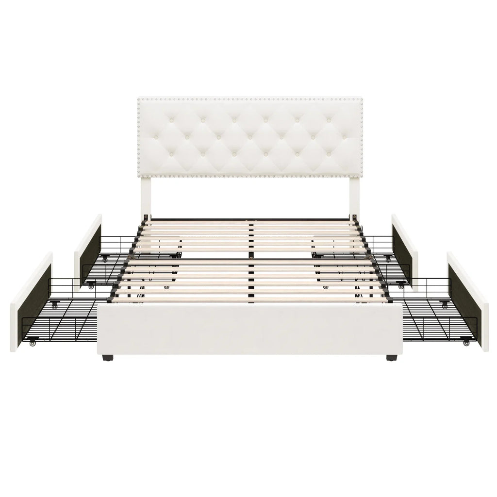 Queen Size Off-White Upholstered Storage Bed with 4 Drawers E152