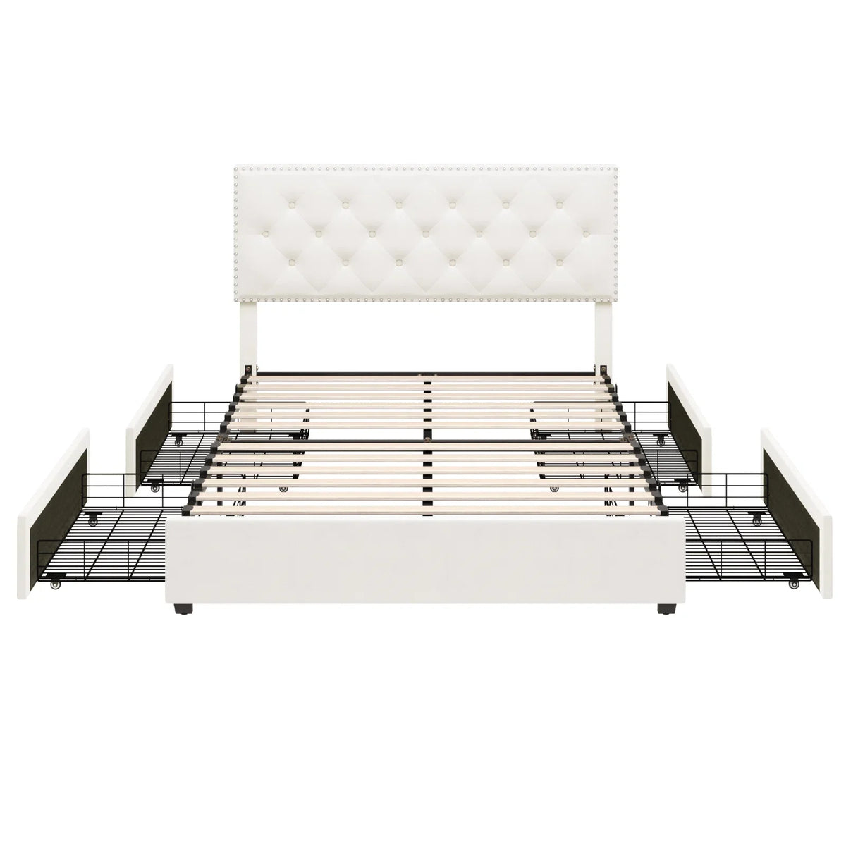 Queen Size Off-White Upholstered Storage Bed with 4 Drawers E152