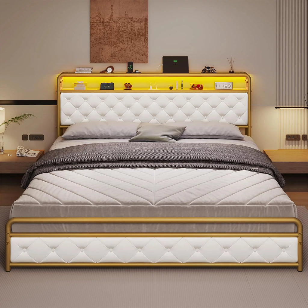 King LED Bed Frame with Power Outlets USB Ports Storage Headboard T5598