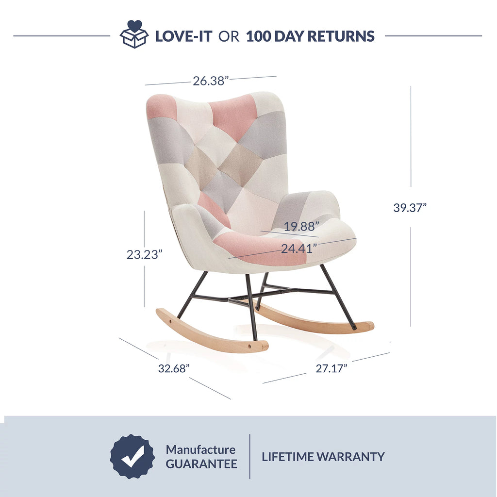 Colorful Patchwork Linen Tufted Rocking Chair with Solid Wood Legs K683