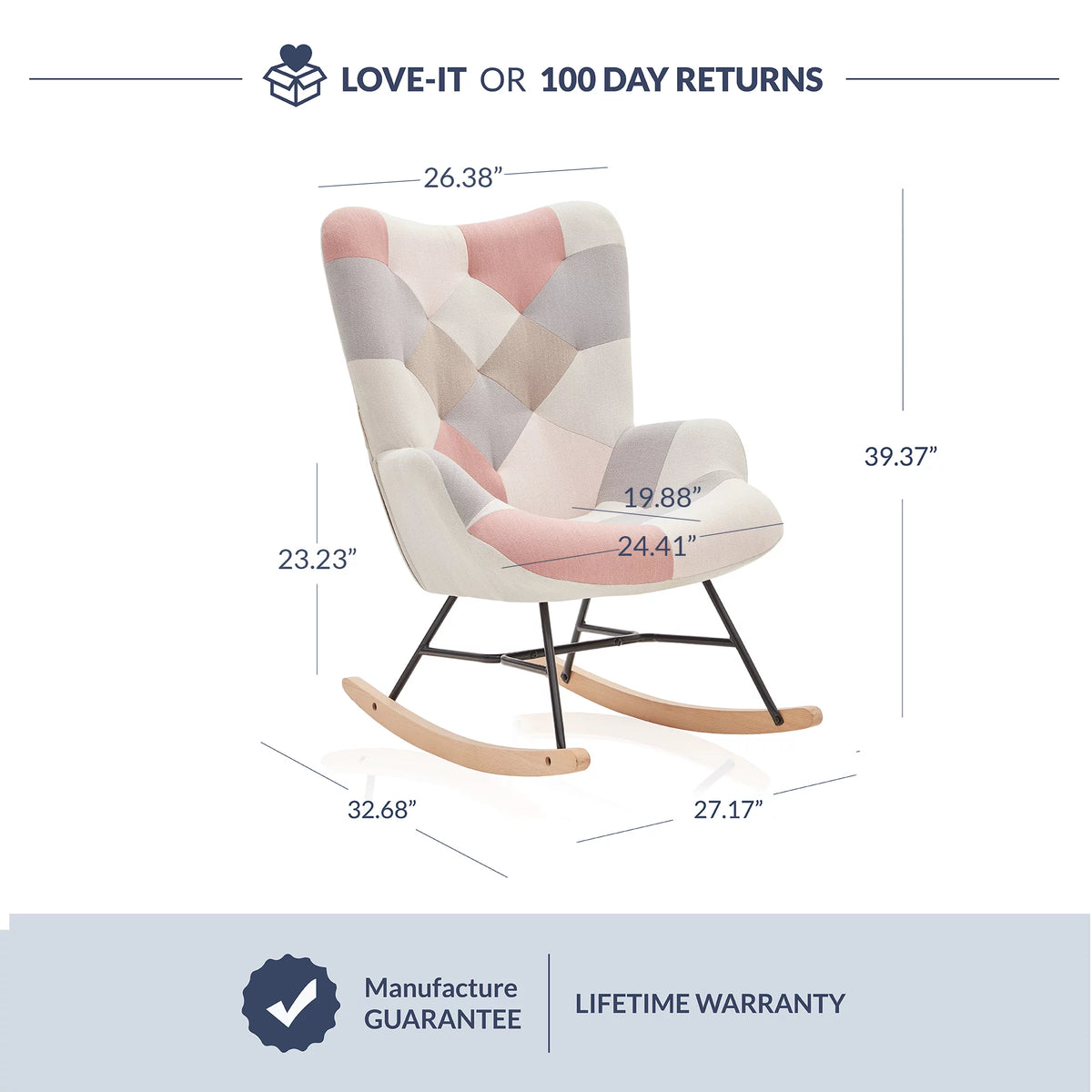 Colorful Patchwork Linen Tufted Rocking Chair with Solid Wood Legs K683