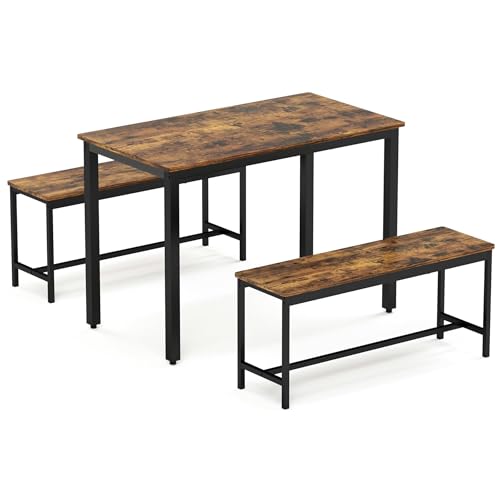3-Piece Grey Dining Table Set with 2 Benches F180545