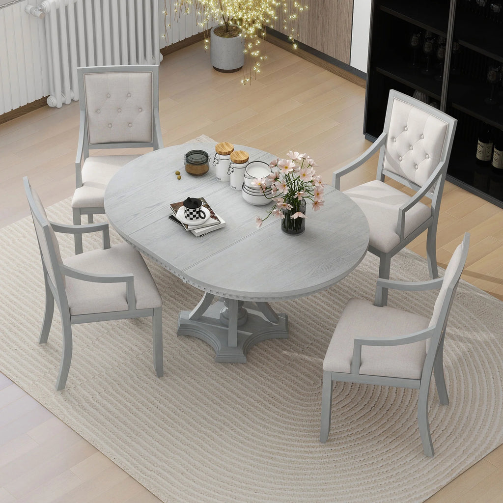 5 Piece Gray Wood Round Dining Table Set with 4 Upholstered Chairs X9355