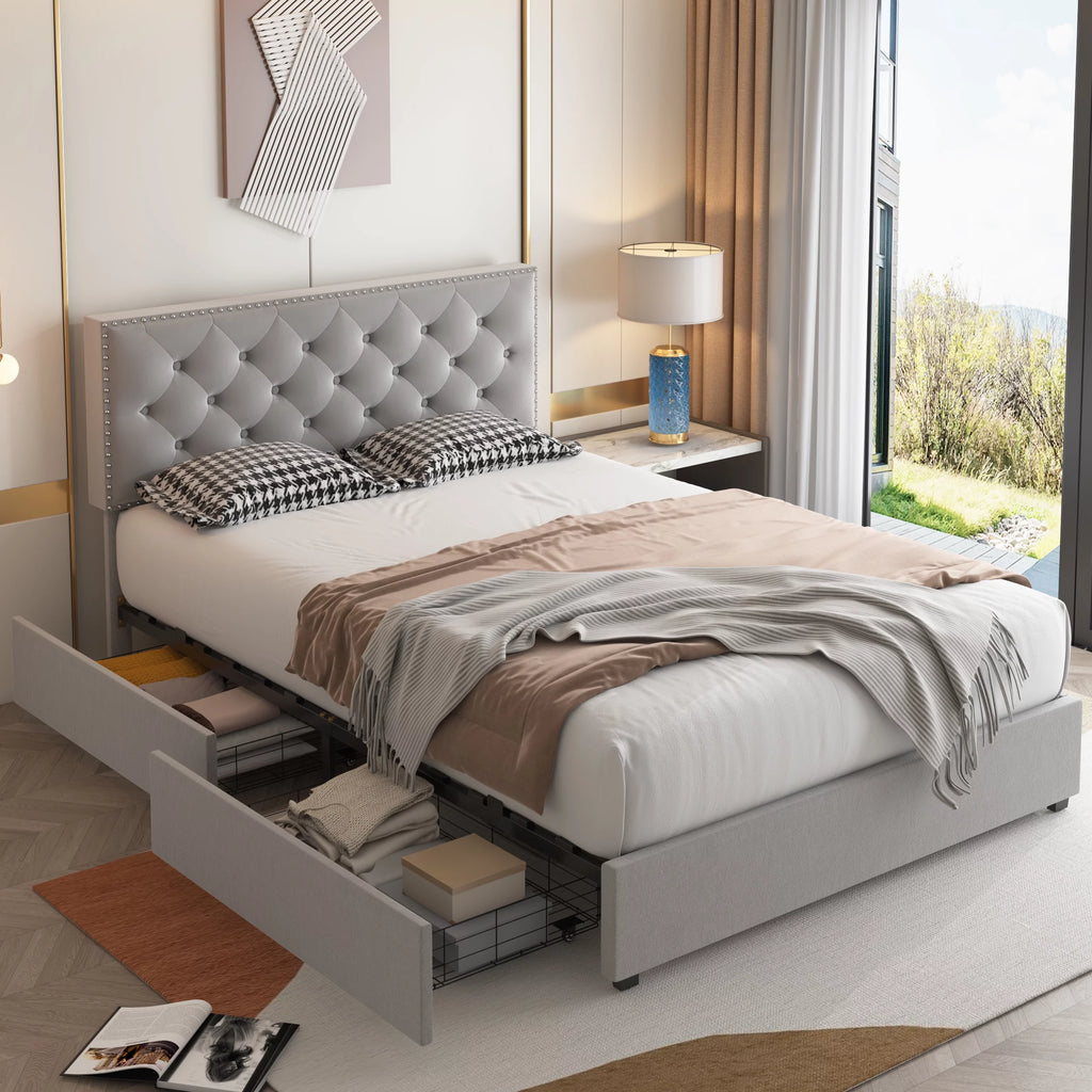 Queen Size Off-White Upholstered Storage Bed with 4 Drawers E152