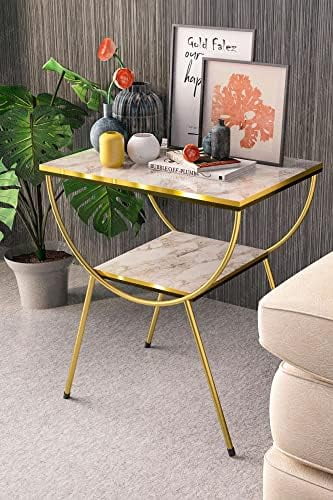 White Marble Nightstand with Gold Metal Legs L610