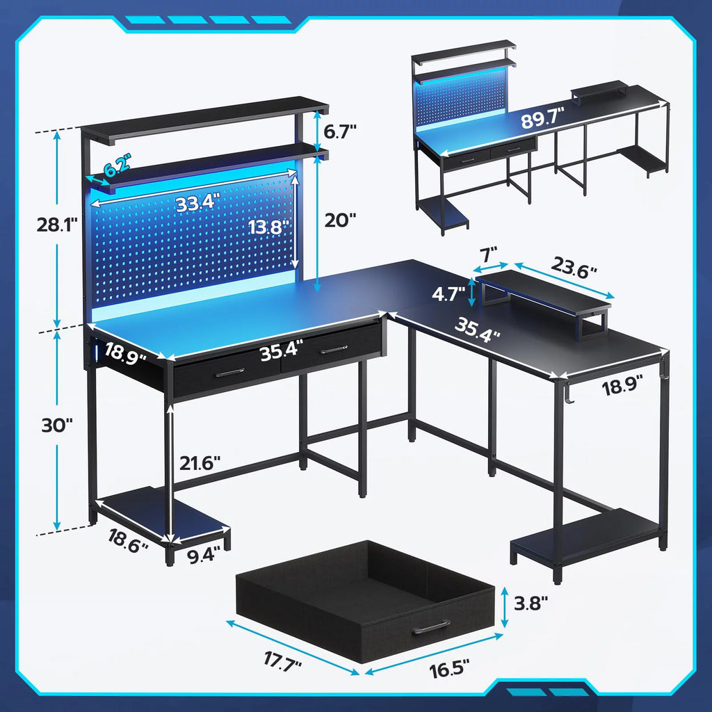 Black L Shaped Desk with LED Lights and Storage Shelves P573