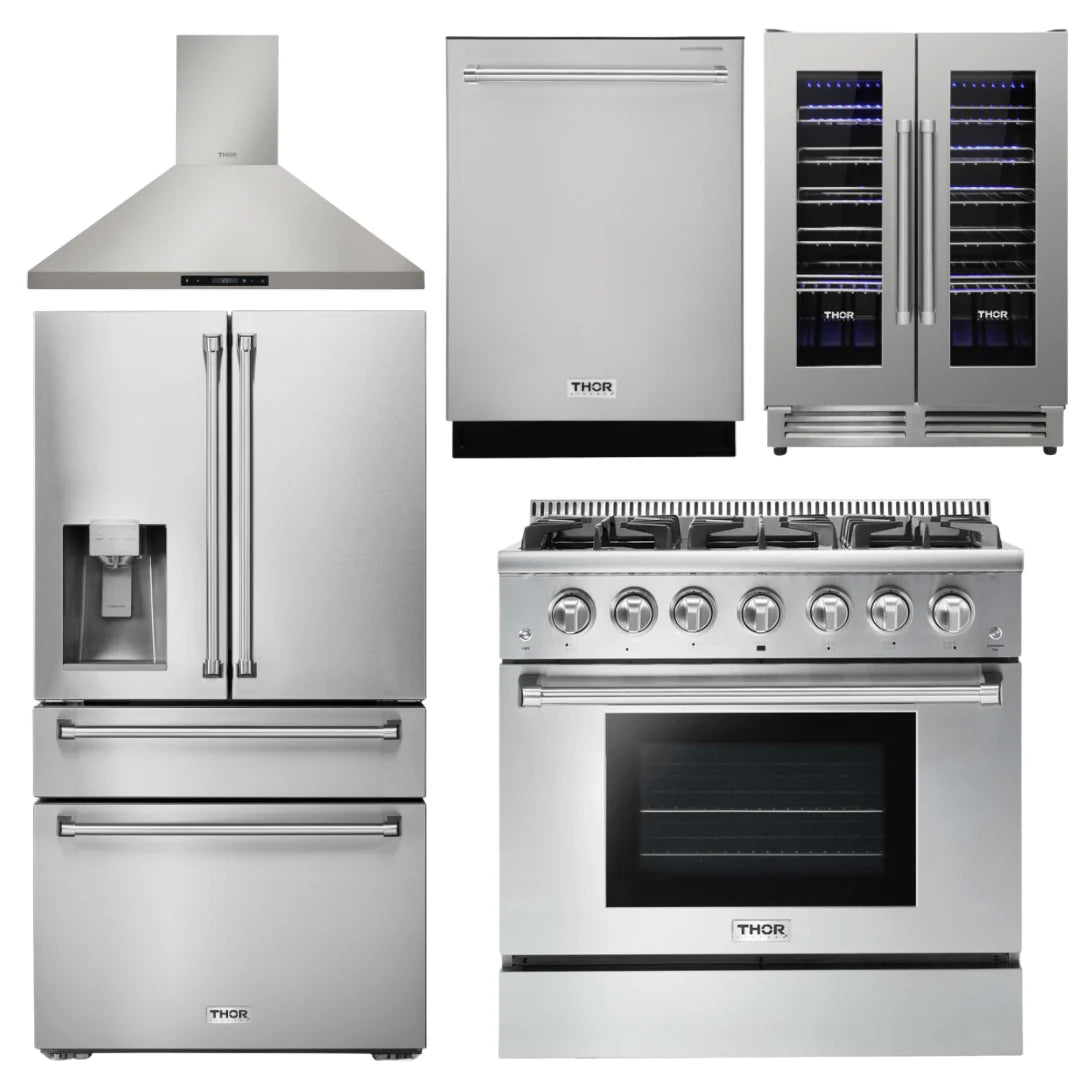 36 Gas Range, Range Hood, Refrigerator with Water and Ice Dispenser, Dishwasher, Wine Cooler N35808