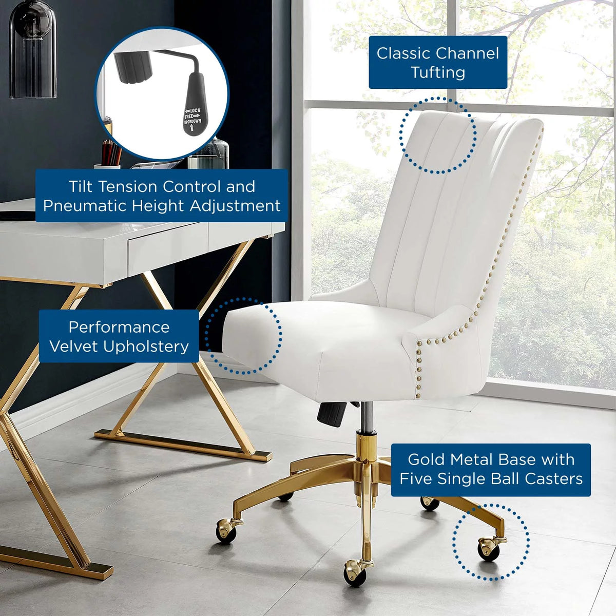 White Gold Channel Tufted Velvet Office Chair Z109929