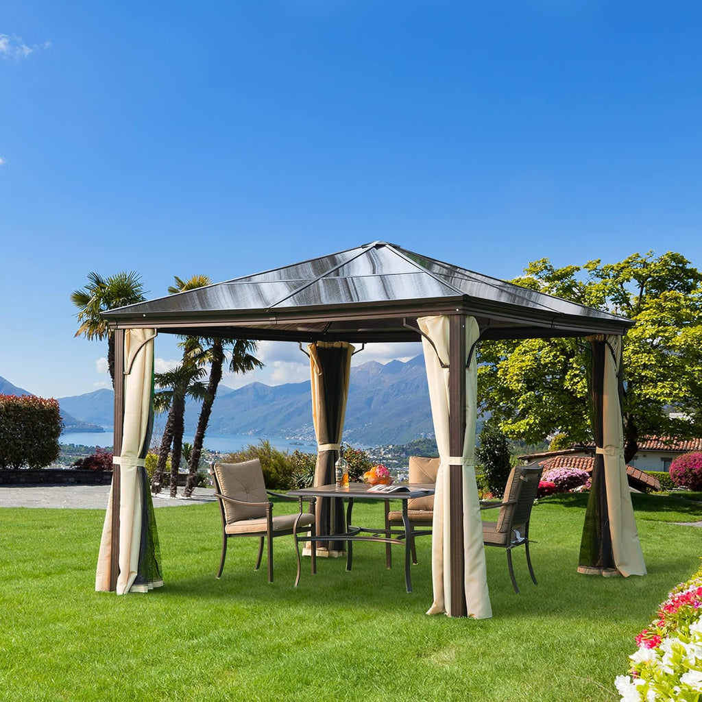 10x10 Polycarbonate Hardtop Gazebo with Curtains and Netting N9289