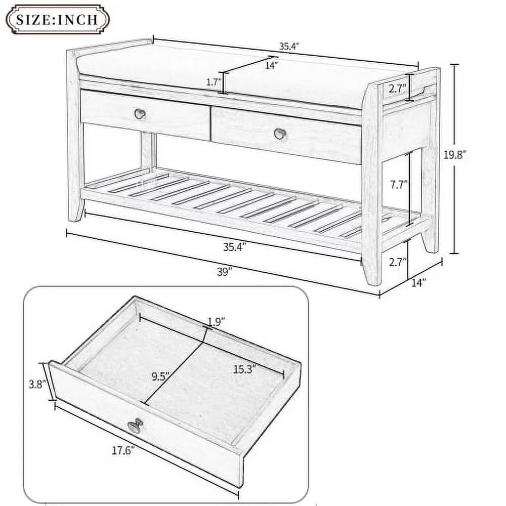 White Shoe Rack with Cushioned Seat and Drawers W176