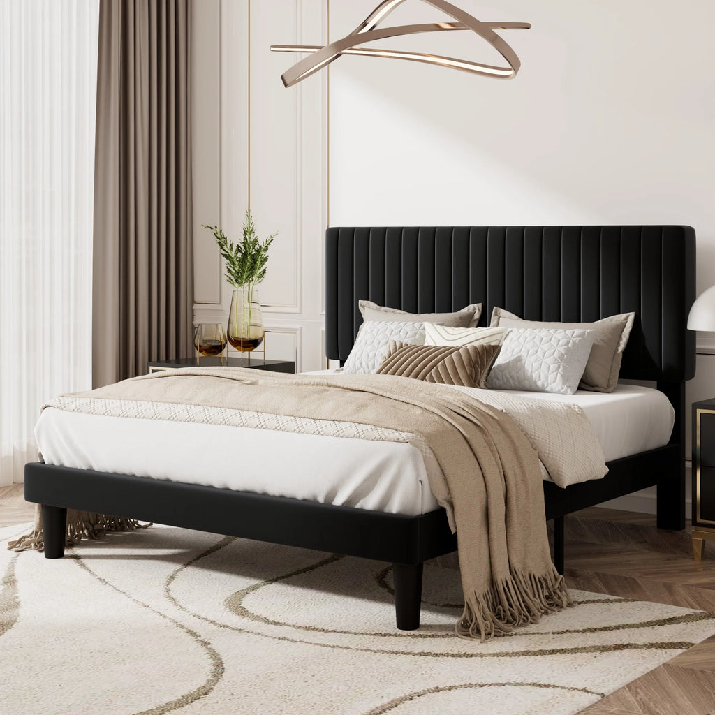 Queen Size Upholstered Platform Bed Frame with Velvet Headboard P376