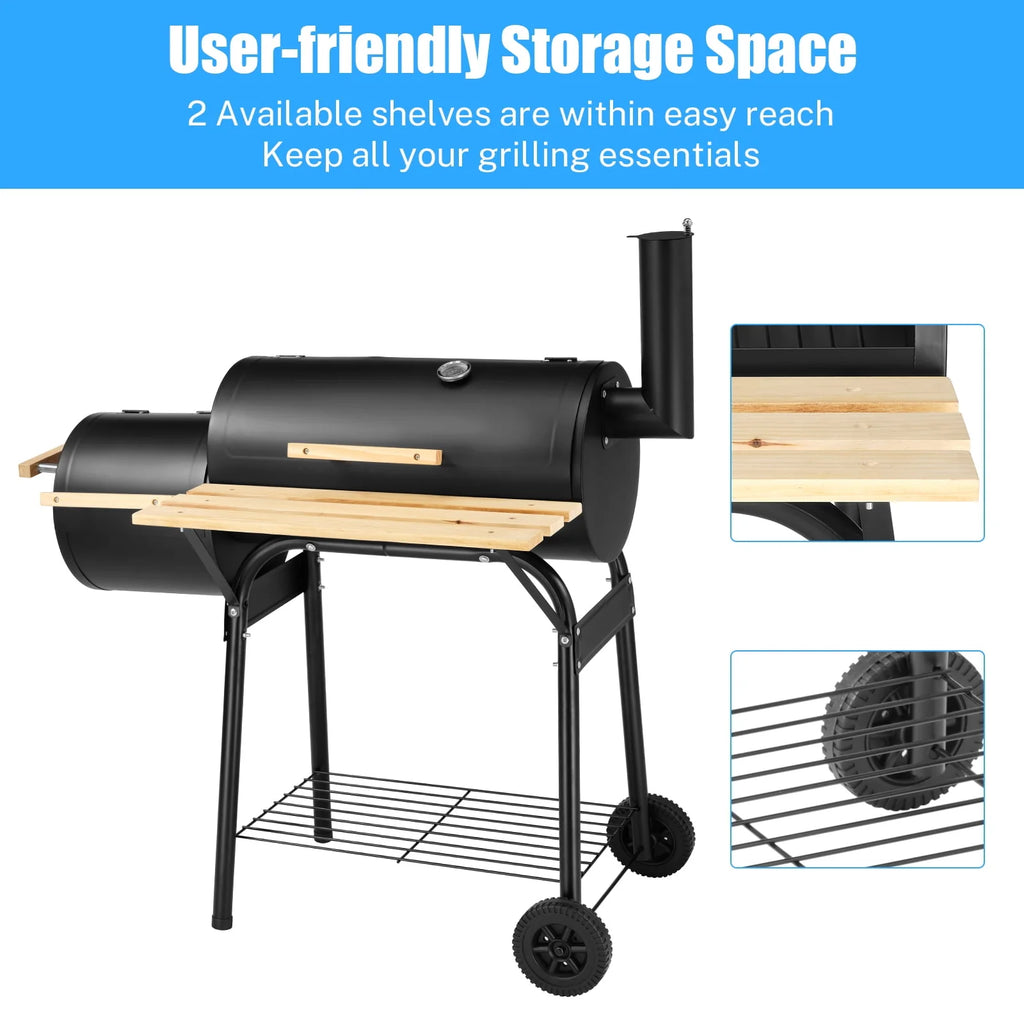 Charcoal Grill, 45.28-Inch Portable Offset Smoker with Wheels & Thermometer D663703