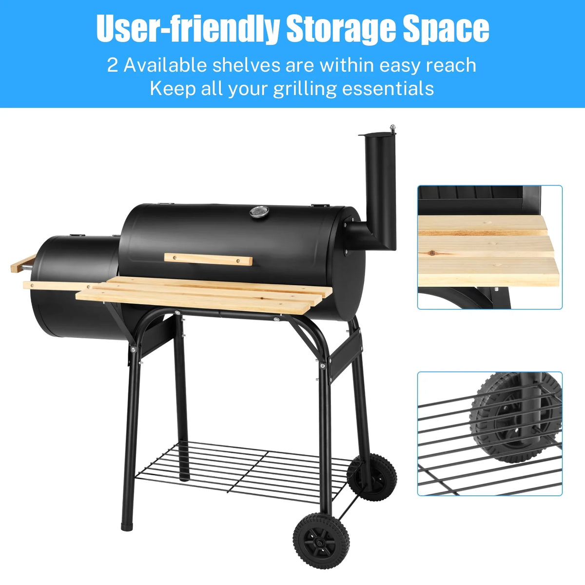 Charcoal Grill, 45.28-Inch Portable Offset Smoker with Wheels & Thermometer D663703