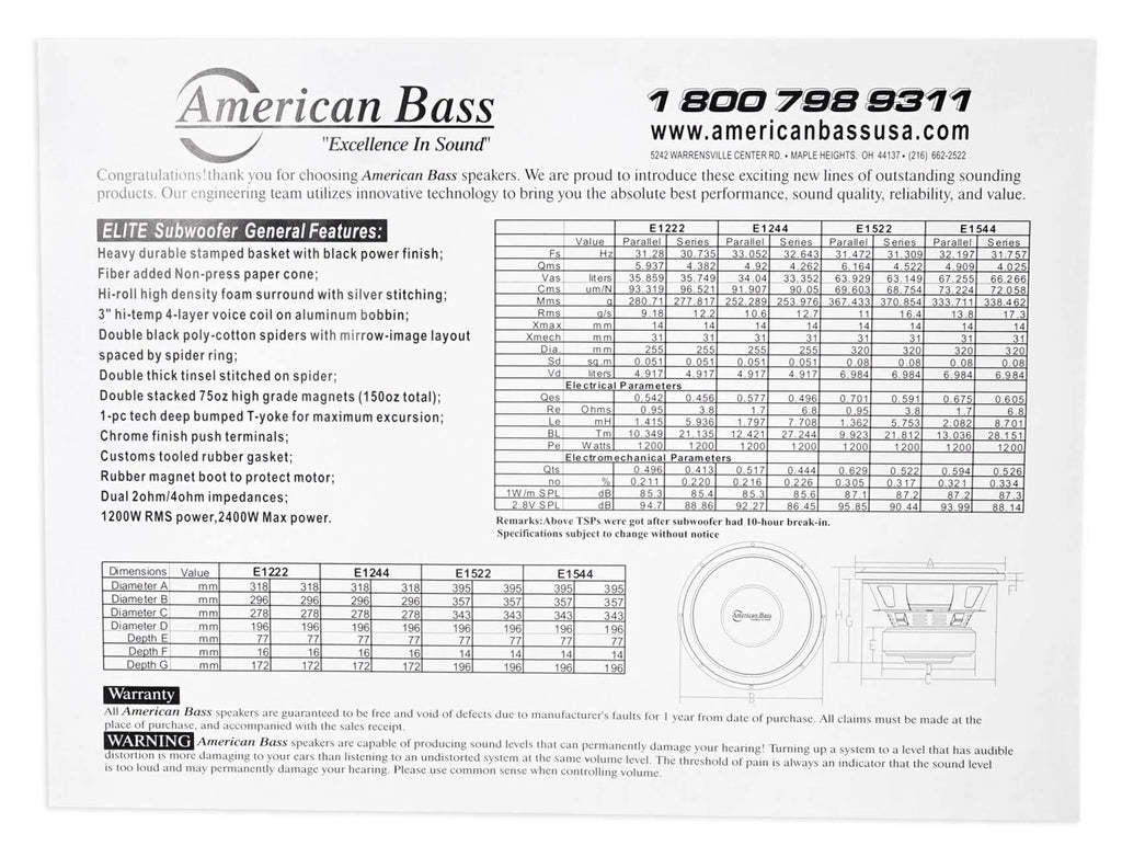 1200 W RMS 15 inch DVC 4-ohm Black Subwoofer C8137