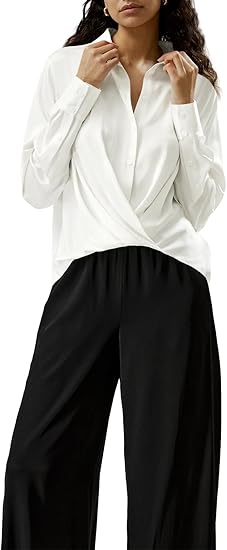 Silk Button Down Shirts Long Sleeve Twist Front Satin Blouse Tops P440